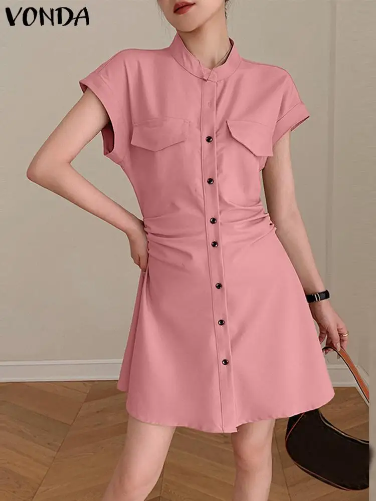 

2023 VONDA Summer Elegant Dress Sexy Mini Sundress Women's Short Sleeve Stand Collar Button Casual Solid Color Pleated Robe