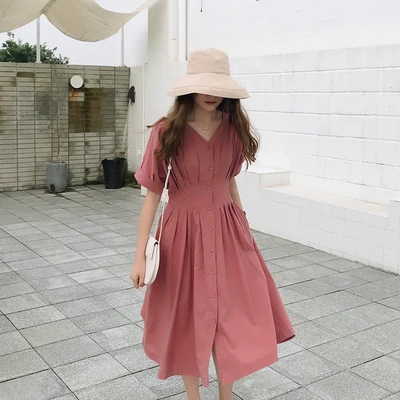 

A Gentle wind doll collar dress spring new mid-length embroidered waist long-sleeved bottoming skirt women's loose