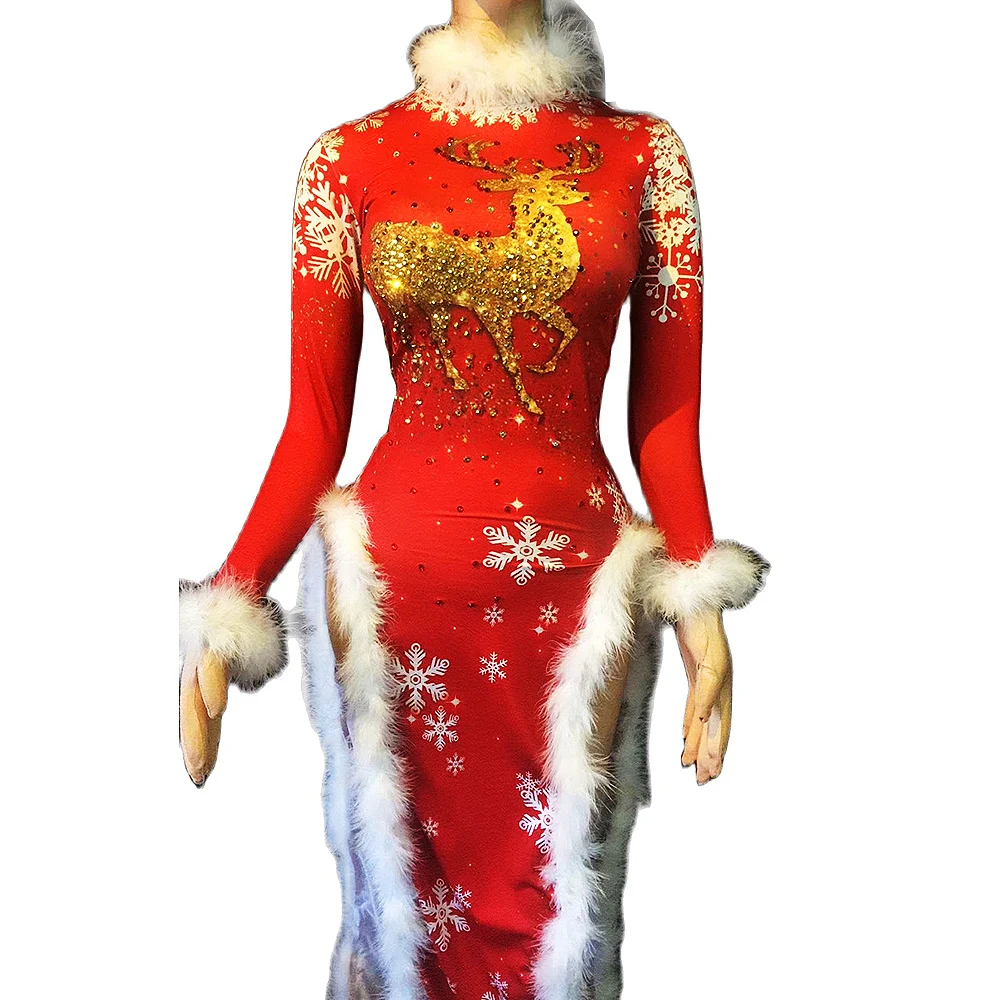 

Красное блестящее Золотое Платье Стразы с длинными рукавами, рождественское Сексуальное Женское Платье с разрезом и белыми перьями, женска...