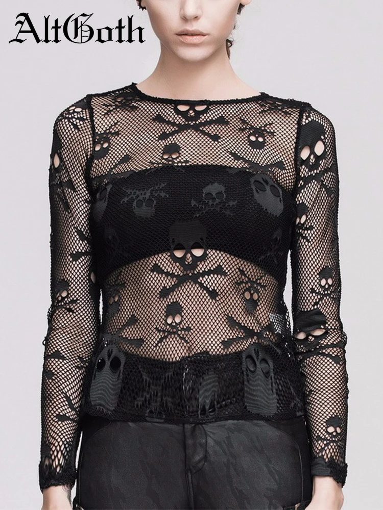 

AltGoth Y2k Gothic Skull Mesh Tee Tops Women Harajuku Punk Sexy See Through Long Sleeve T-shirt Emo Alt Grunge Bottom Basic Tops