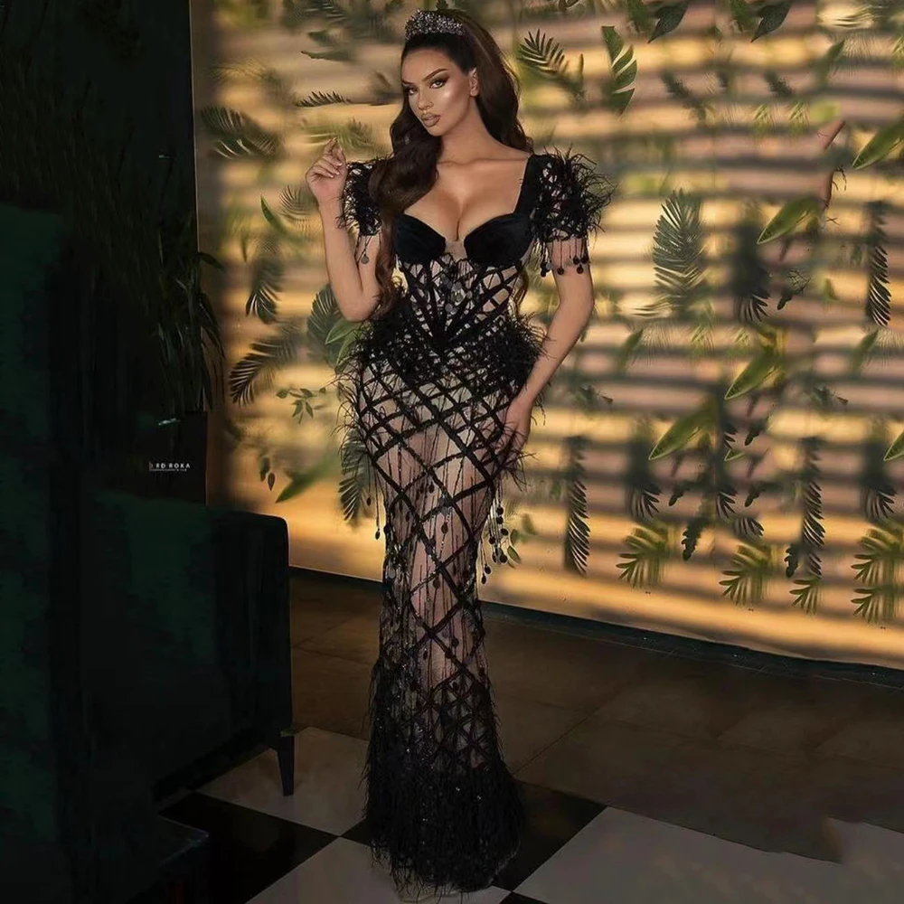 

2022 Summer New Women'S Sexy Short Sleeve V Neck Tassel Beaded Sequins Feather Mesh Sheer Patchwork Long Dress Bodycon Dress