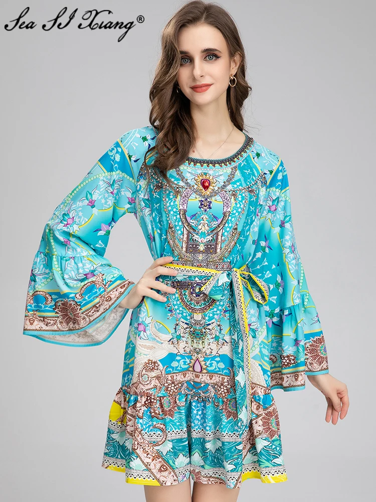 

Seasixiang Fashion Designer Early Autumn Dress Women O-Neck Flare Sleeve Crystal Beading Belt Vintage Print Mini Dresses