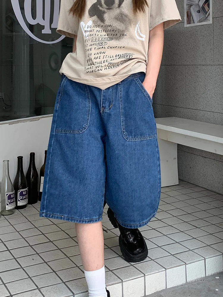 New Summer Women Straight Loose Blue Denim Shorts Streetwear Female High Waist Button Pocket Wide Leg Jeans Shorts