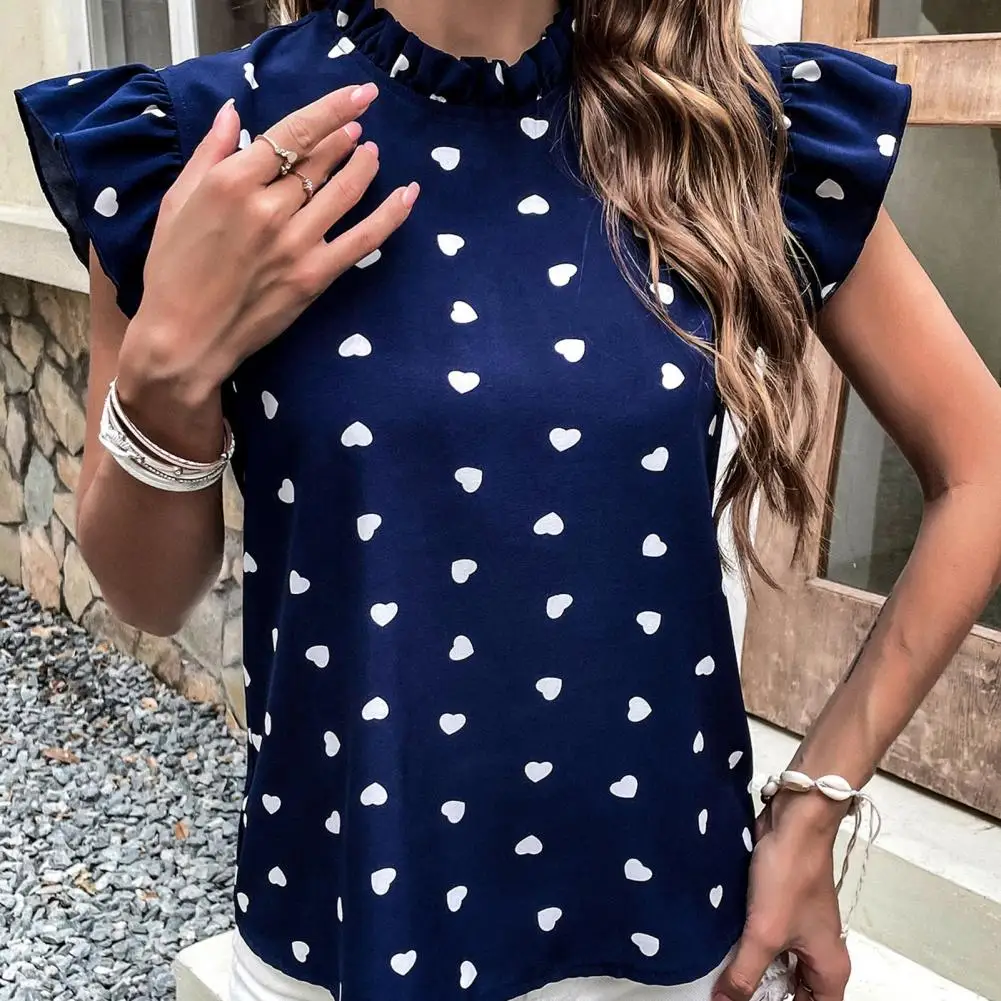 

Elegant Blouses Summer Chiffon Print Women's Shirt Flying Sleeve Heart Print Slim Fit Blouse Ruffle Collar Summer Top Female