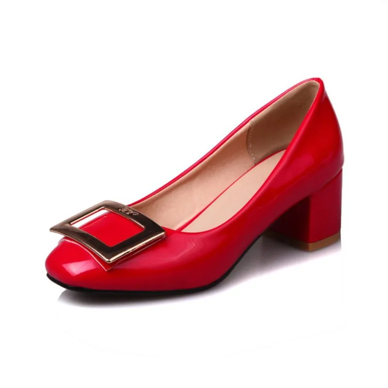 

Туфли-лодочки женские из лакированной кожи, с металлической пряжкой, квадратный носок, Каблук 5 см, Прошитые, без застежки, элегантные, красные черные 26 см