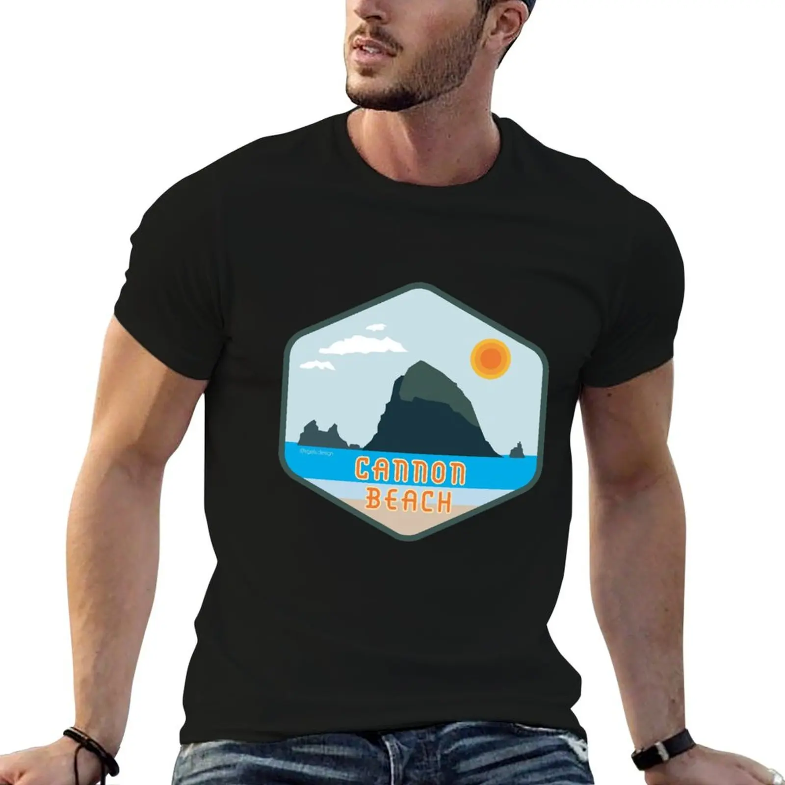 Фото Футболка с принтом Cannon Beach Haystack Rock, мужские футболки, повседневные мужские футболки, мужская футболка из 100% хлопка №1
