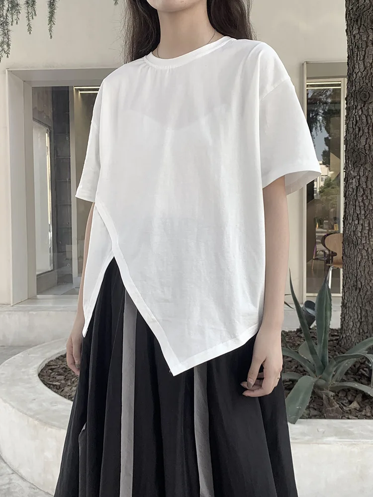 

Women's Loose Irregular White Short Sleeve T-Shirt Summer New Fashion Personalized Split Round Neck Thin Casual T-Shirt