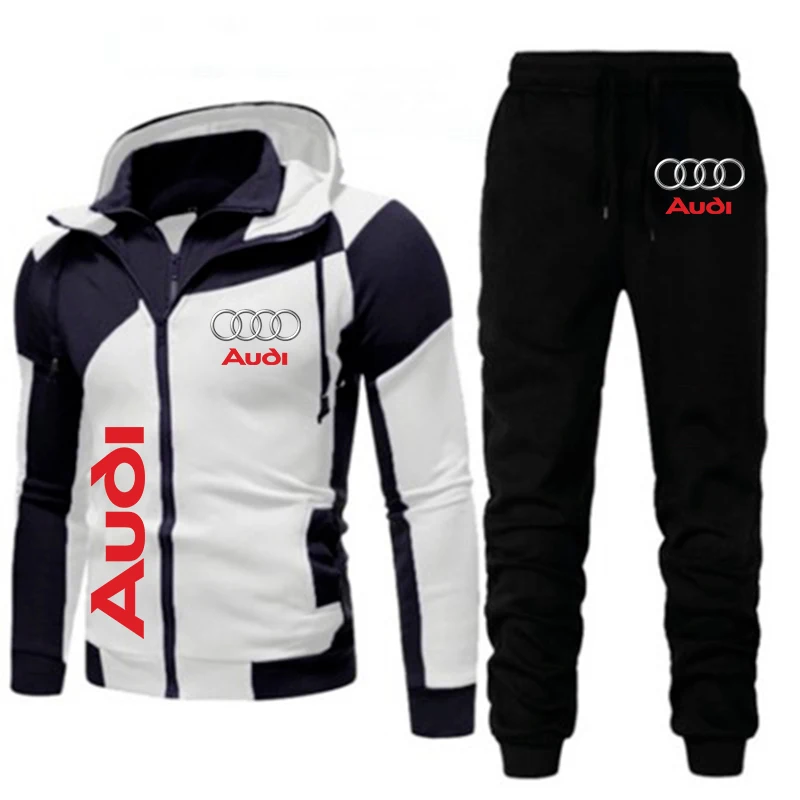Мужской спортивный костюм с логотипом Audi, флисовый теплый костюм с толстовкой с капюшоном и брюками, мужская спортивная одежда, пальто на ос...