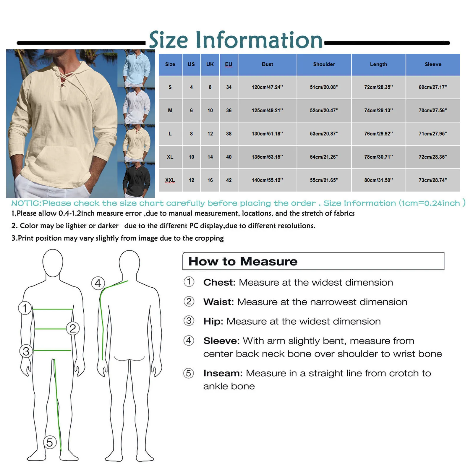 Рубашка Мужская льняная с капюшоном повседневная мешковатая сорочка длинными