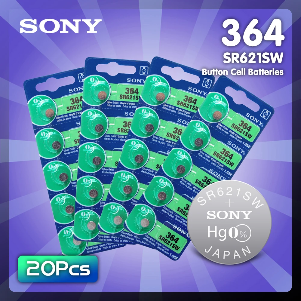

SONY 20Pcs 1.55V AG1 LR621 364 164 531 SR621 SR60 SP364 TR621 Button Cell Batteries For Watch Toy Remote Coin Battery Single Use