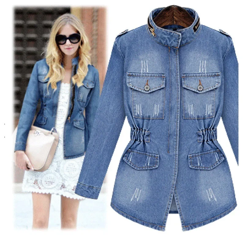 Винтажная джинсовая куртка с потертостями женская приталенная в европейском