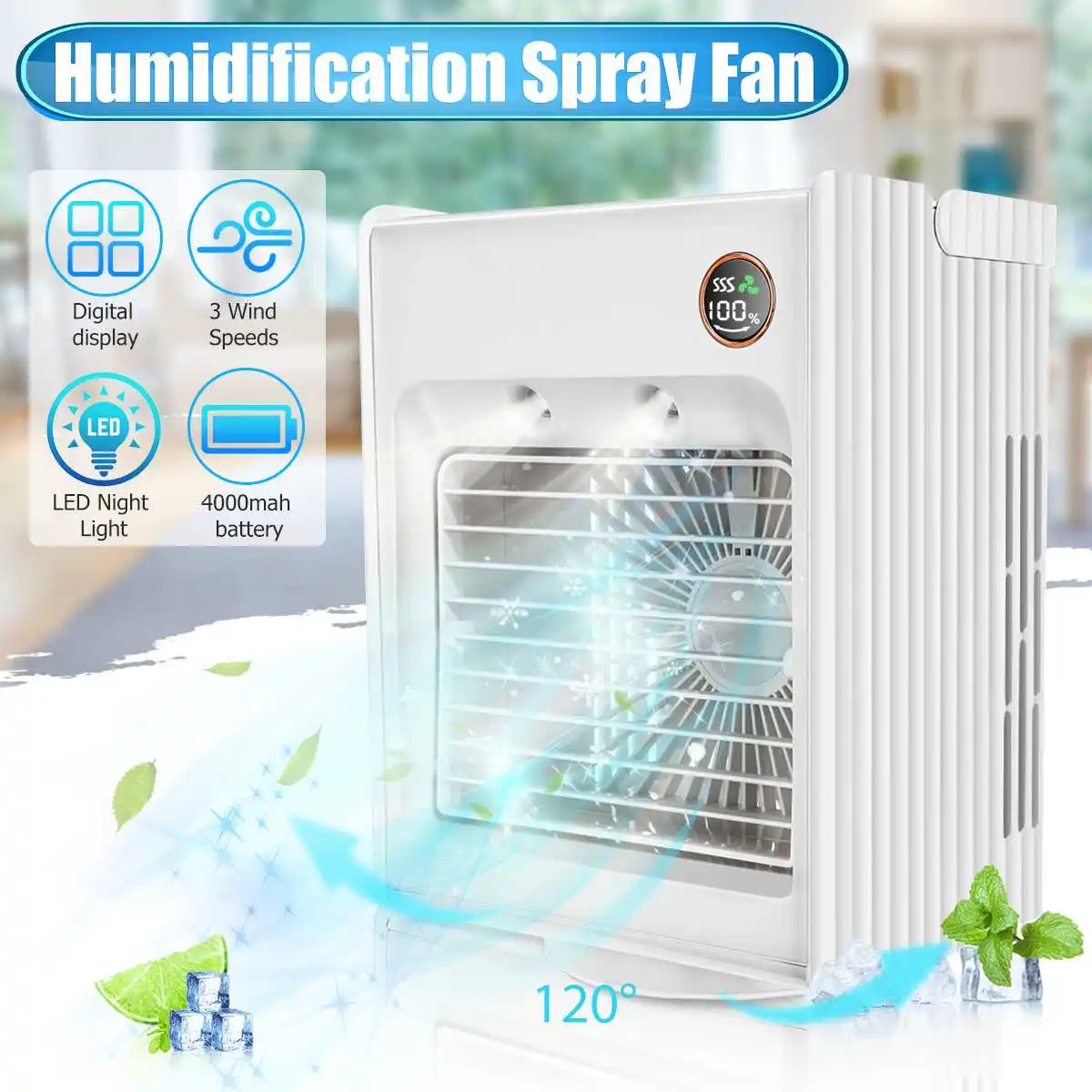 

Portable Air Conditioner Fan 120°Oscillating Personal Desktop Mini USB Air Cooling Fan Home Air Cooler Humidifier With Light