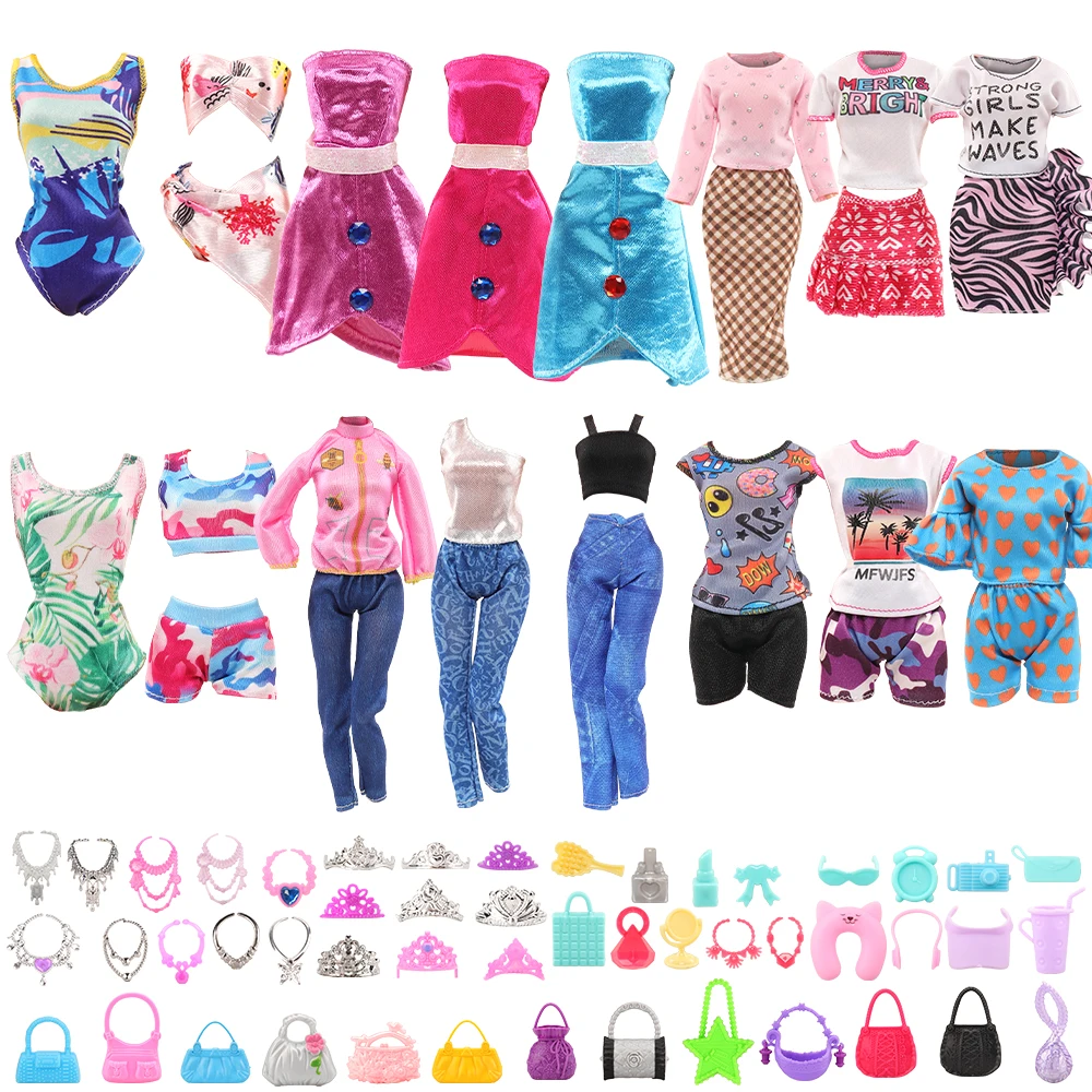 

Barwa New 47 Pieces Doll Clothes=2 Swimsuits+3 Skirts+3 Pants+17 Makeup Accessories+6 Crown+6 Necklace+10 Bags For 11.5Inch Doll