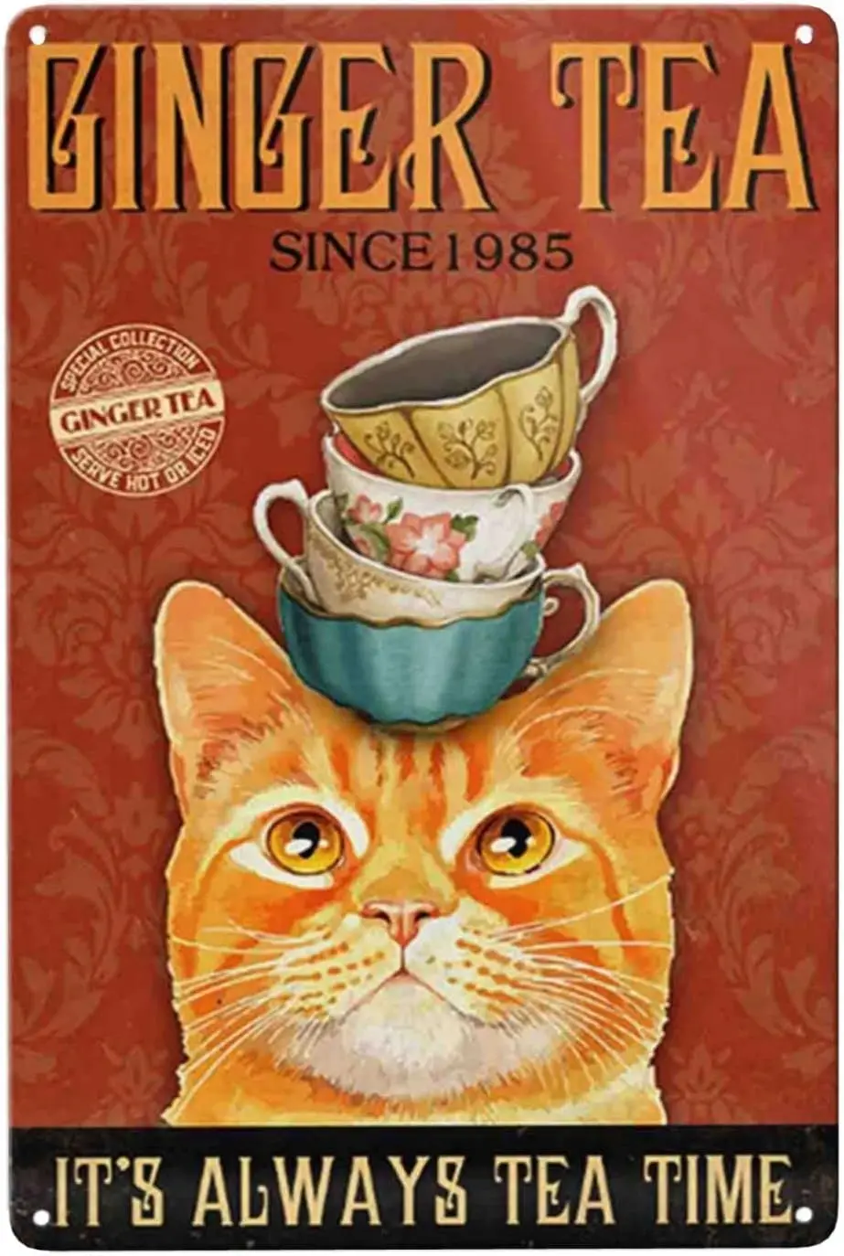 Знак Cat Ginger Tea Винтажная металлическая жестяная вывеска Настенный декор