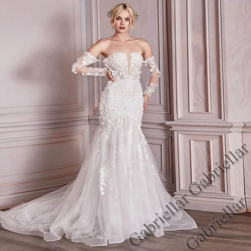 

Luxury Wedding Dress Princess Lace Up Exquisite Appliques Strapless Full-Sleeve Mopping Gown Vestido De Novia 2022 Women