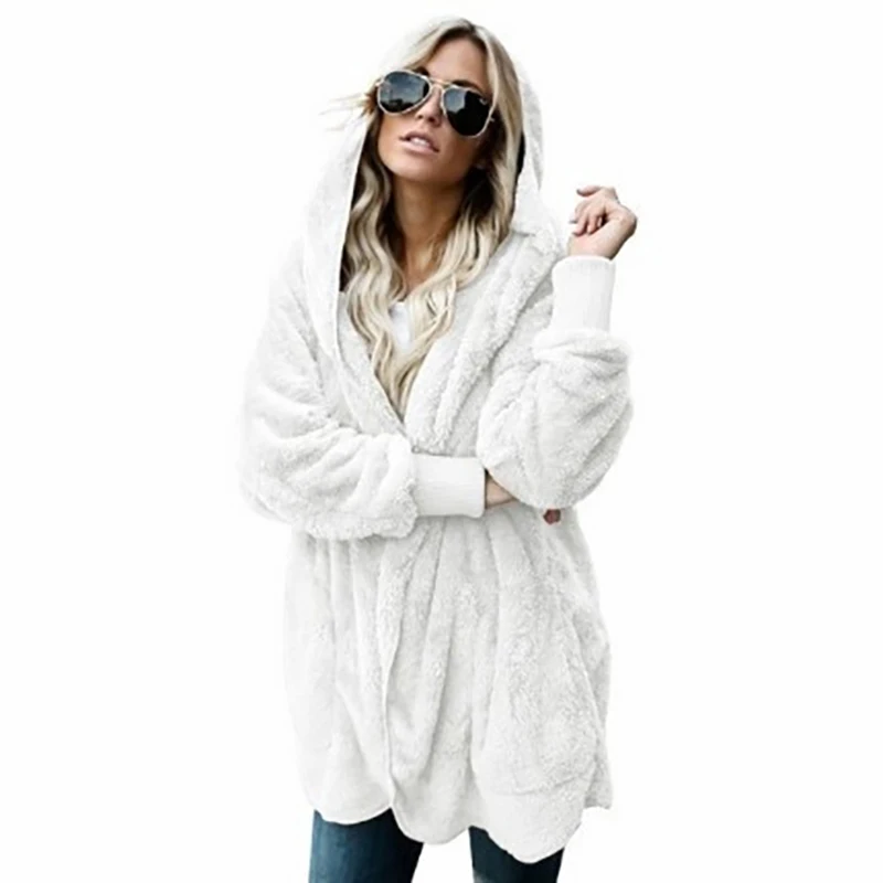 Faux Fur Coat Women 2022 Autumn Winter Warm Soft Long Fur Jacket Outwear Plush Overcoat Pocket Buttonless Cardigan with hood