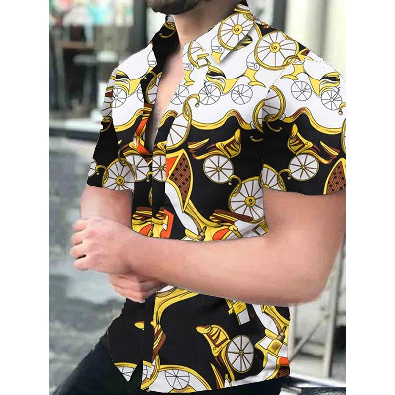

Fashion Men Shirts Hawaii Buttons Shirt Casual Wheel Print Beach Short Sleeve Tops Blouses Men's Clothing Party Cardigan Camisas
