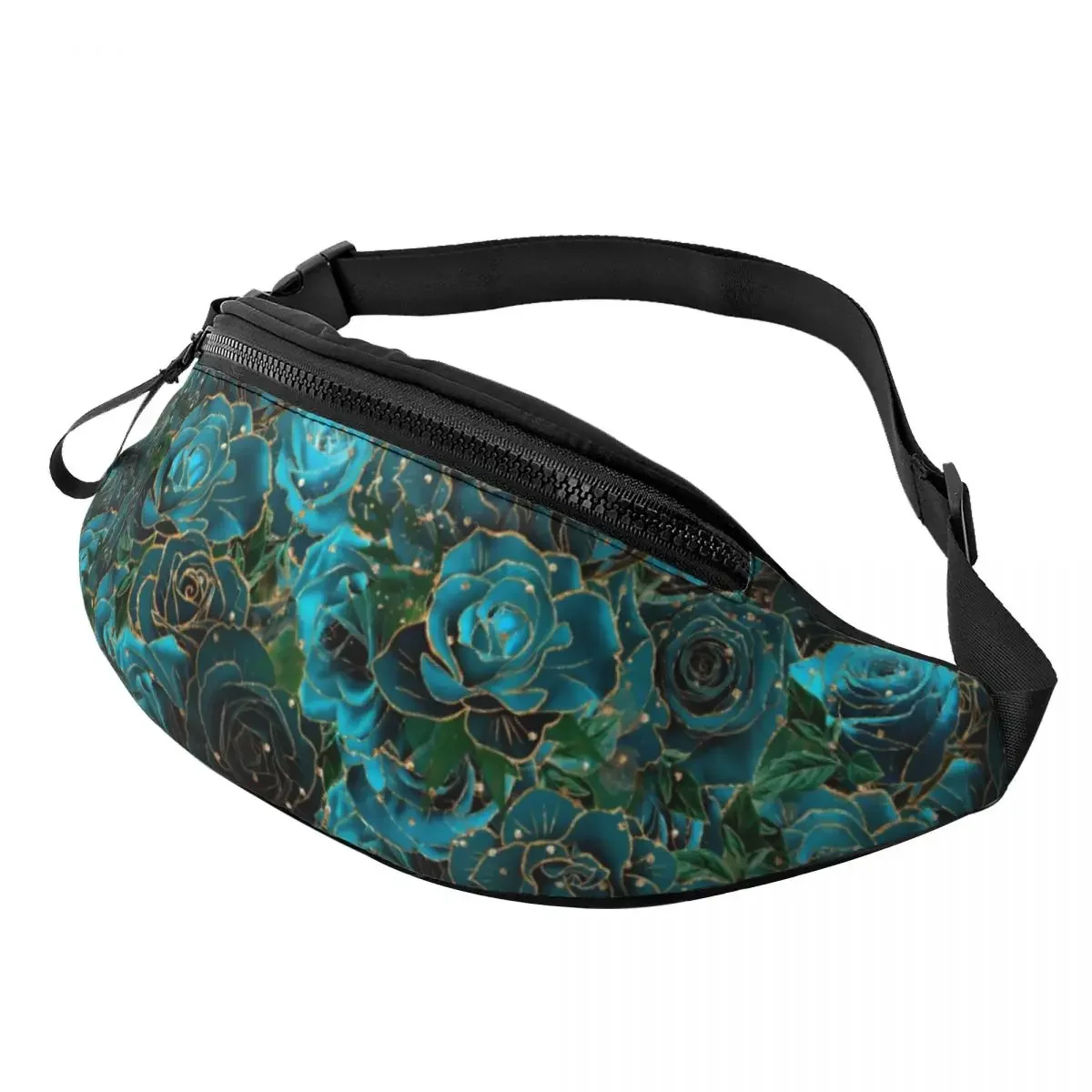 

Teal Rose Print Waist Bag Gold Glitter Floral Fishing Teenagers Waist Pack Polyester Fashion Bag