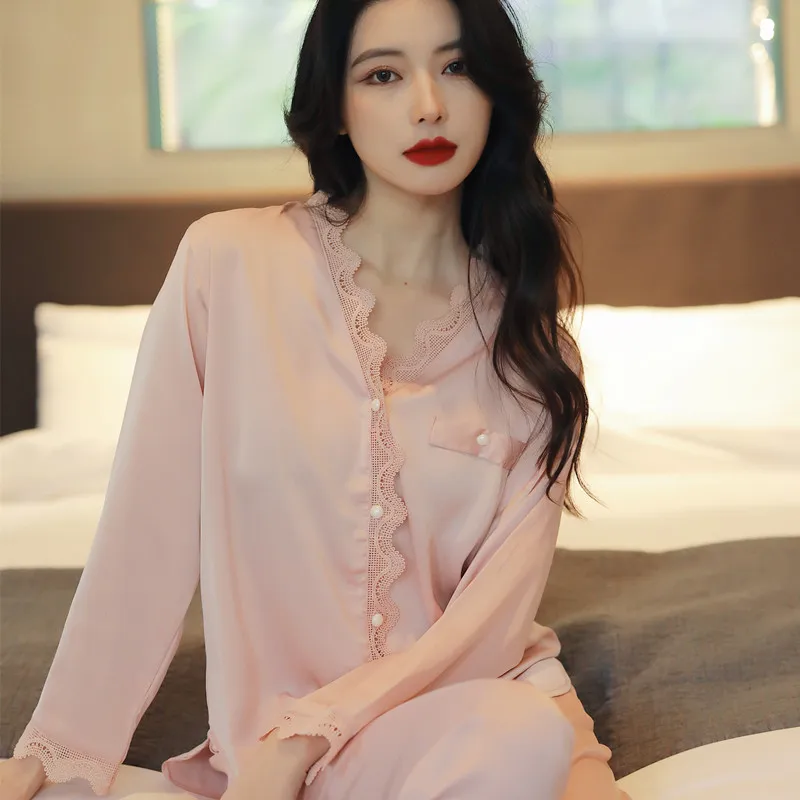 Lace Sexy Silk Pajamas Women's Long-Sleeved Suit Korean-Style Home Loose Ice Silk Thin Homewear