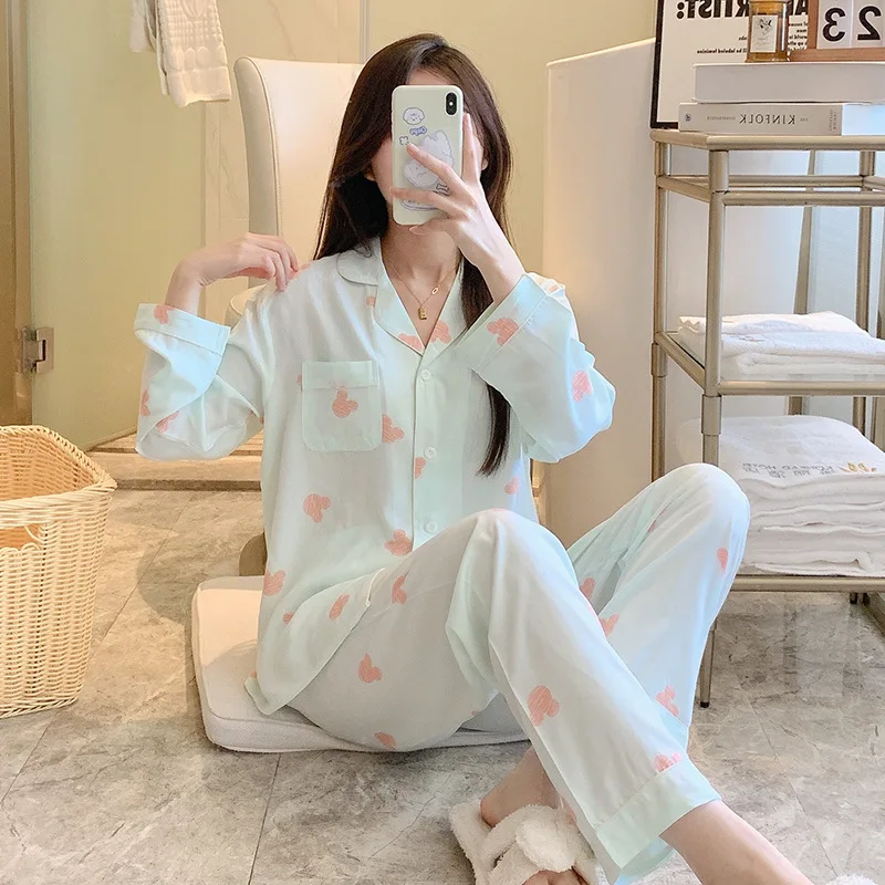 New Cotton Silk Pajamas Lady Spring  Autumn Long-sleeved Two-piece Set Cute Print Thin Cardigan Pyjamas Women