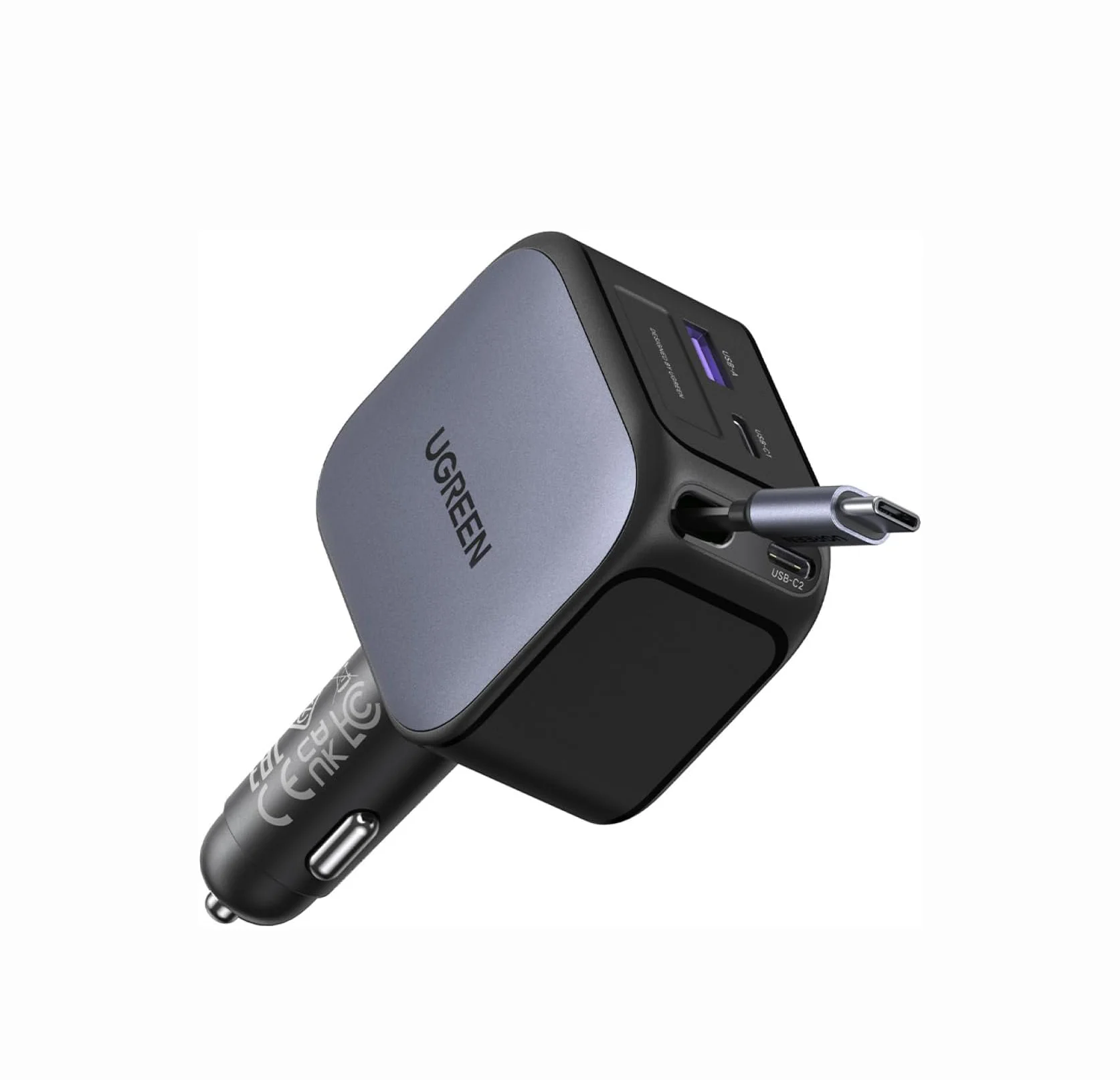 Фото UGREEN 145W 3C1A Выдвижное автомобильное зарядное устройство, автомобильное зарядное устройство для телефона USB C Быстрая зарядка с кабелем типа C №2