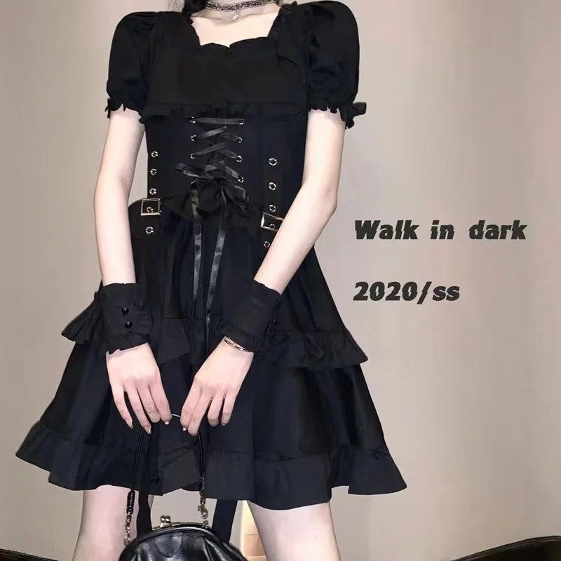 

Черное готическое платье в стиле Лолиты Y2K, платье-мини с пышными рукавами в японском стиле панк, женские сексуальные платья с оборками, клуб...