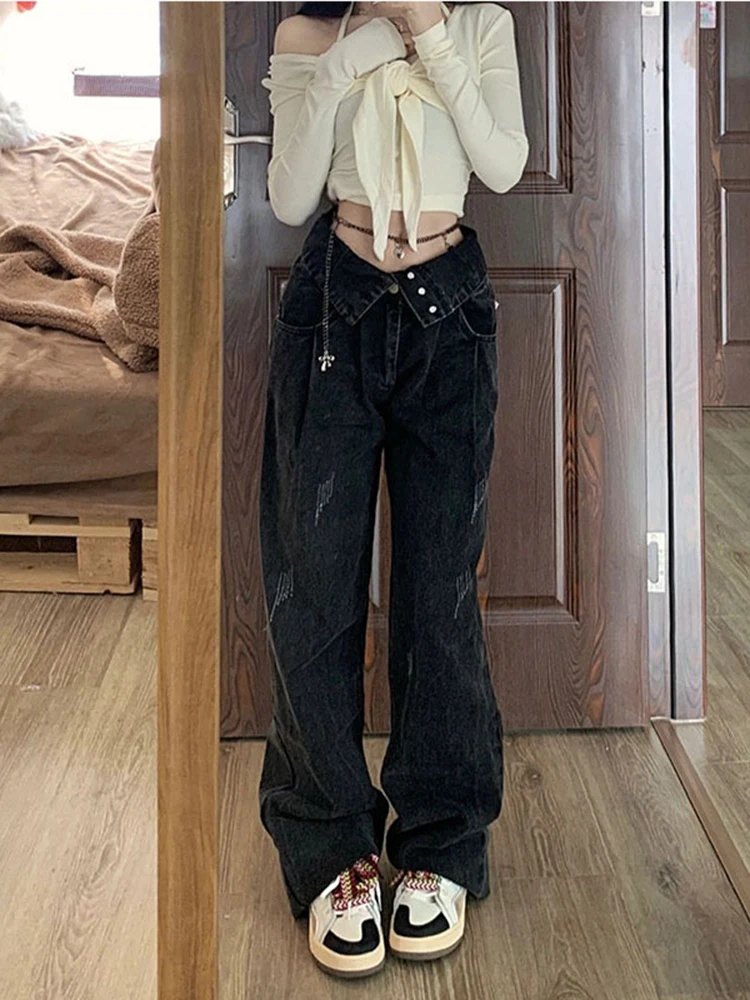 

Винтажные черные джинсы с высокой талией, женские повседневные прямые широкие брюки Y2K, уличная одежда, мешковатые джинсовые брюки для женщин, новинка 2022
