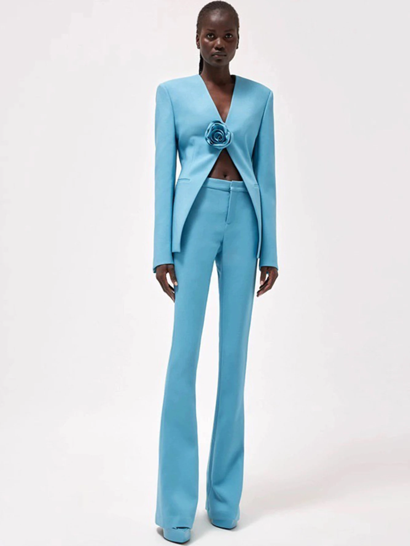 Женский облегающий комплект из 2 предметов пикантный синий блейзер с V-образным