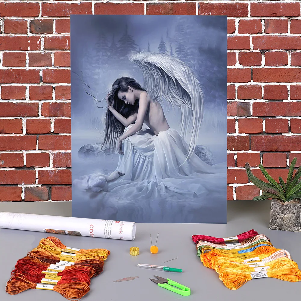 

Black Angel Beauty Printed Fabric 11CT Cross Stitch DIY Embroidery Patterns DMC Threads Hobby Handmade Craft Sewing Needle
