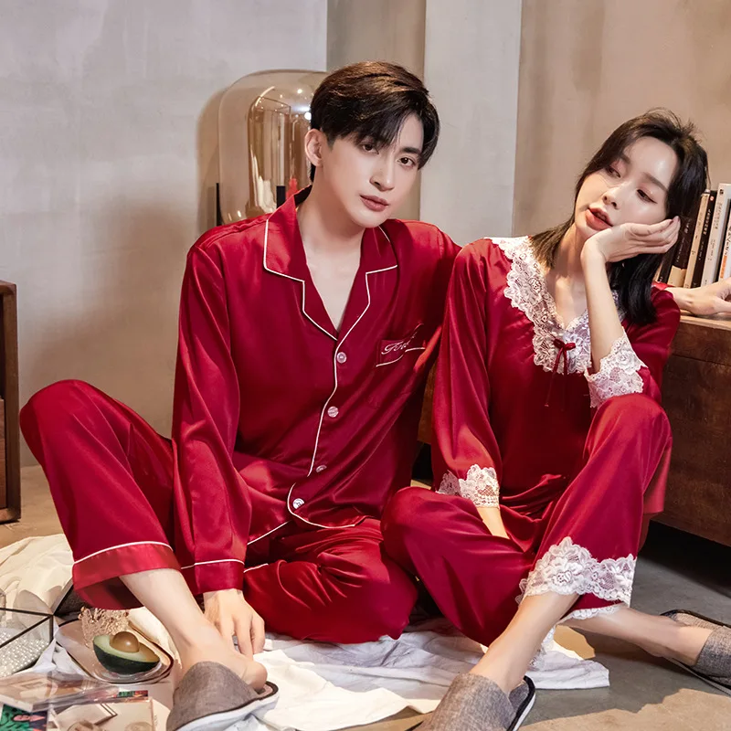 New Couple Pajamas Satin Chiffon Silk Men's Cardigan Women's Pullover Home Furnishing Long Sleeve Korean Edition Solid Color Set