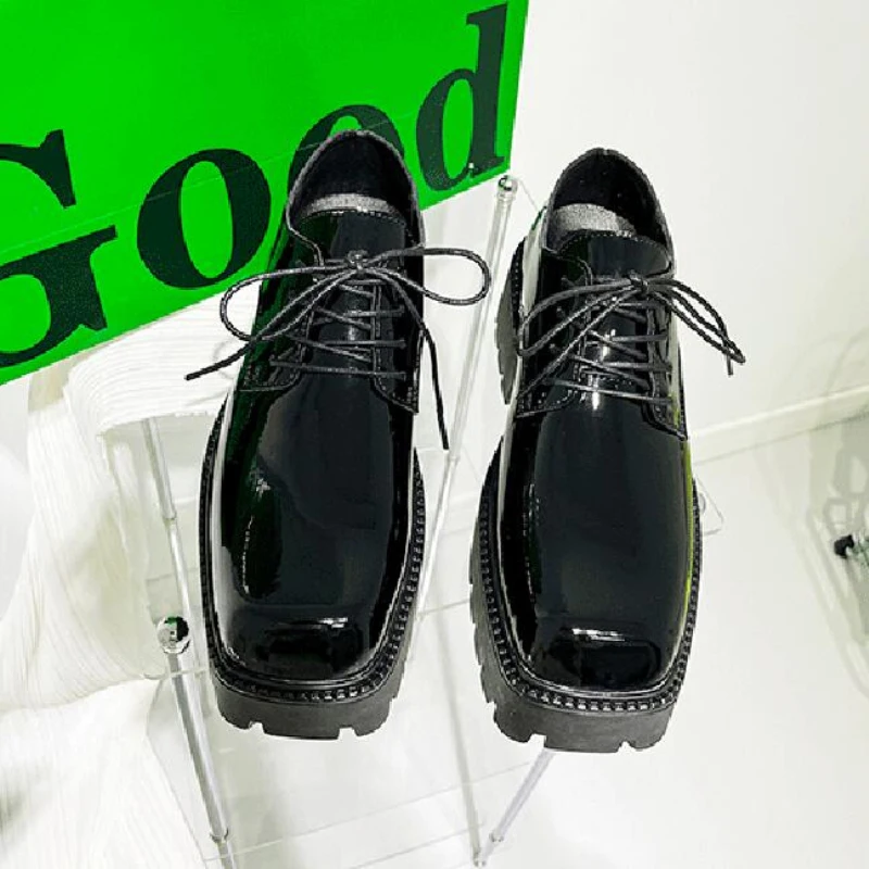 Туфли дерби мужские на платформе лакированная кожа квадратный носок Роскошные