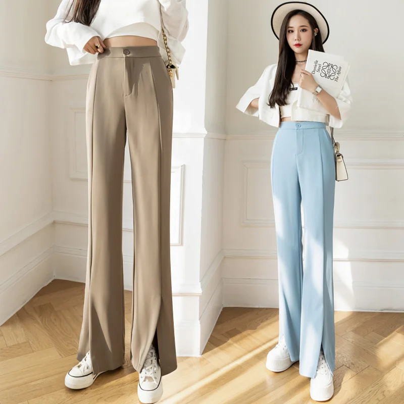 

Женские офисные брюки с высокой талией, повседневные однотонные широкие брюки с разрезом, расклешенные брюки в Корейском стиле, 2022