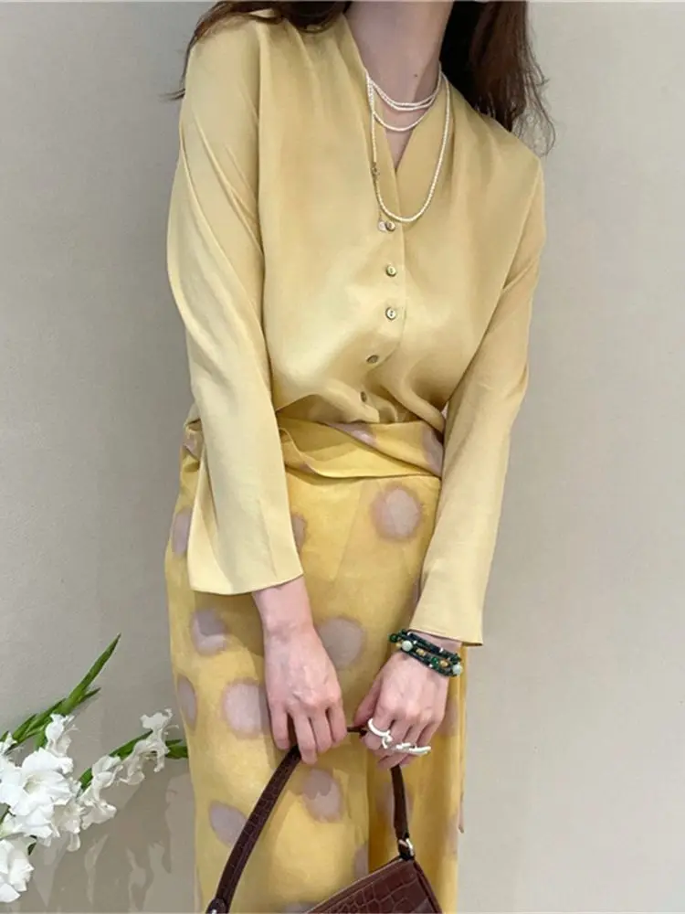 Women Blouse Solid Color Single Breasted V-Neck Long Sleeve Simple Silk Shirt