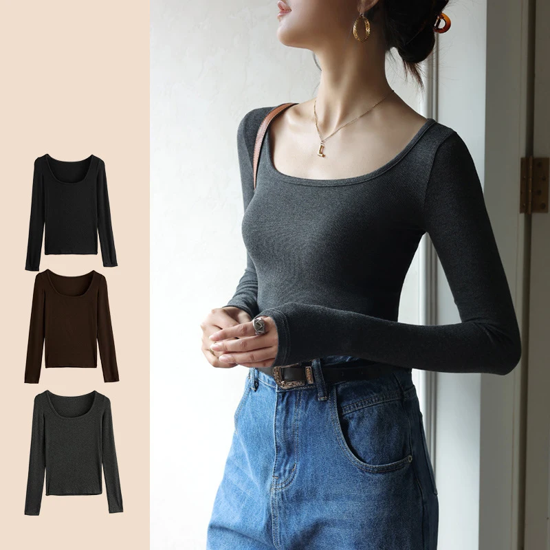 

Modal T Shirt Bottoming Shirt Black Low Neck Female Spring and Autumn Tops Long Sleeved Inner Slimming