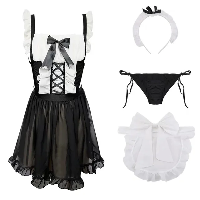 Porn Outfits Women Exotic Costume Cosplay Sexy Maid Lingerie Black and White Slave Costume Thong Underwear Apron Headwear Set 6
