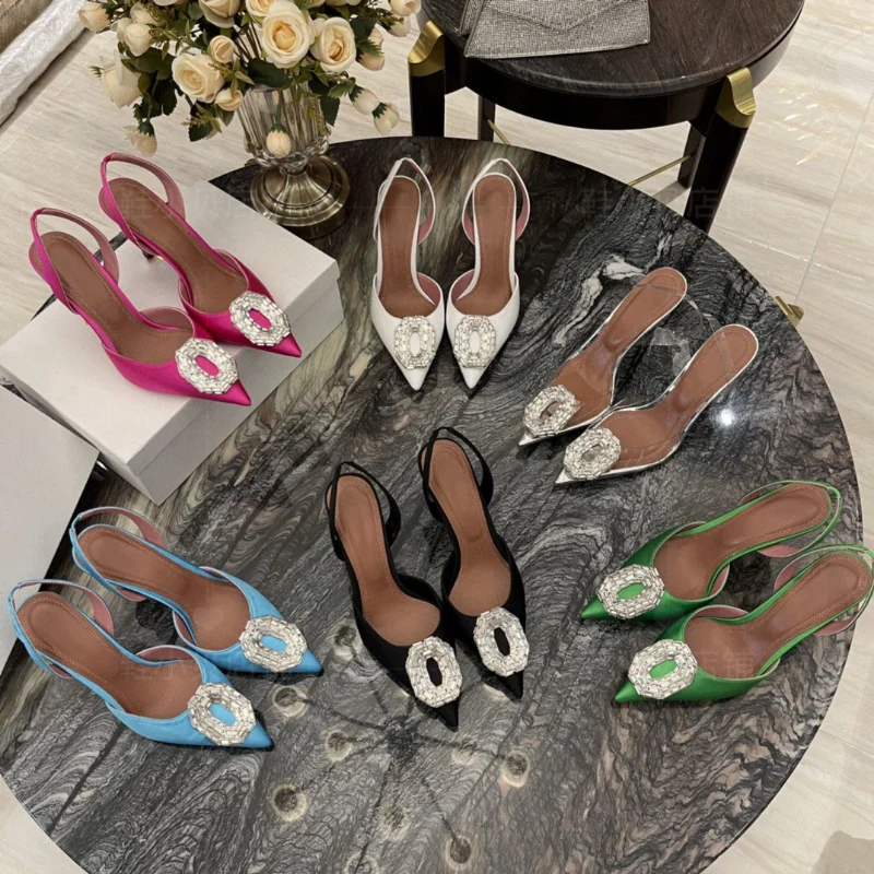 Baotou Women's Sandals Spring/Summer 2023 New Muller Fashion Rhinestone Square Buckle Pointed Thin Heel High Heel Sandals