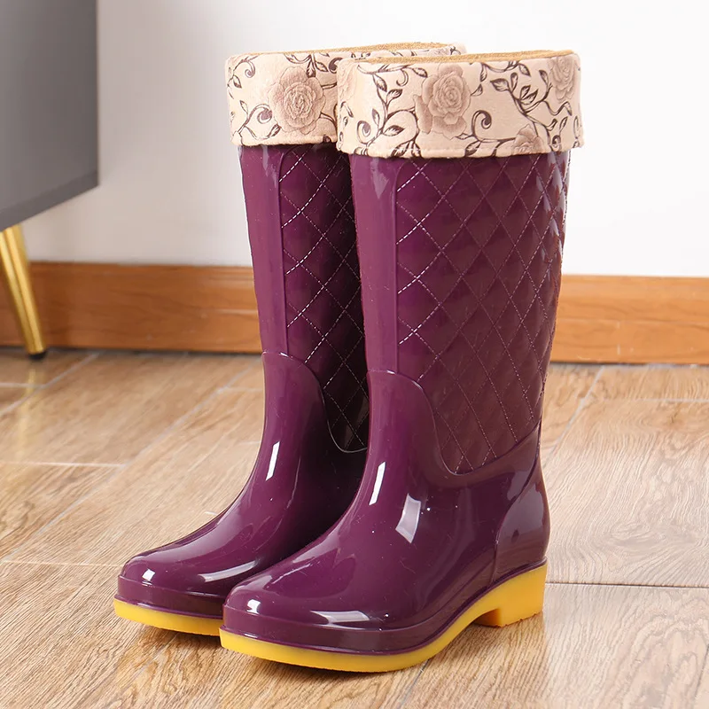 Fashion High Tube Rain Boots Women's Flat Platform Mid-Calf Work Water Shoes Non-slip Waterproof Knee-High PVC Shoes