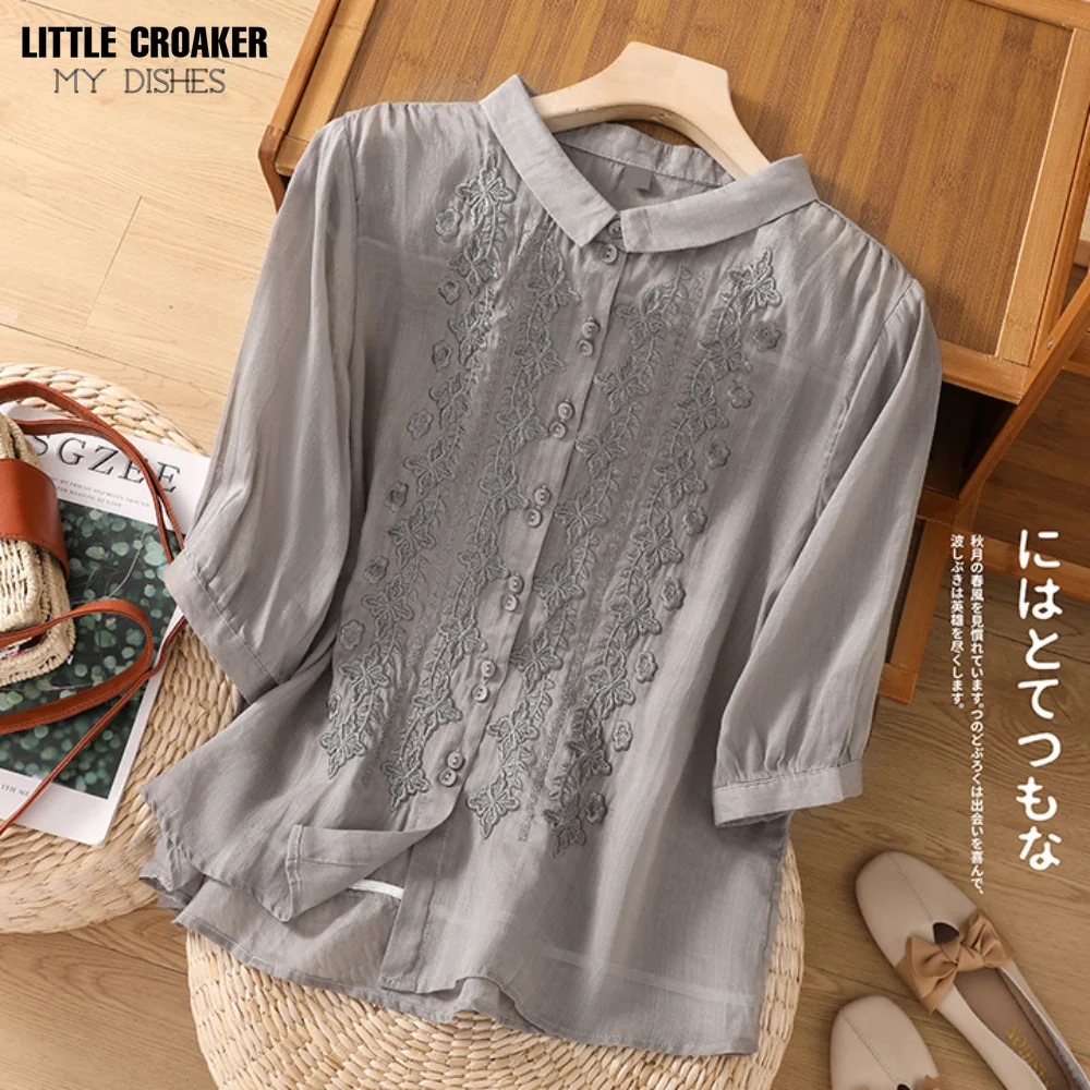 

Italian Foreign Trade Export Summer New Art Embroidery Cotton Hemp Texture Shirt Temperament Turnover Neck Loose Shirt Female