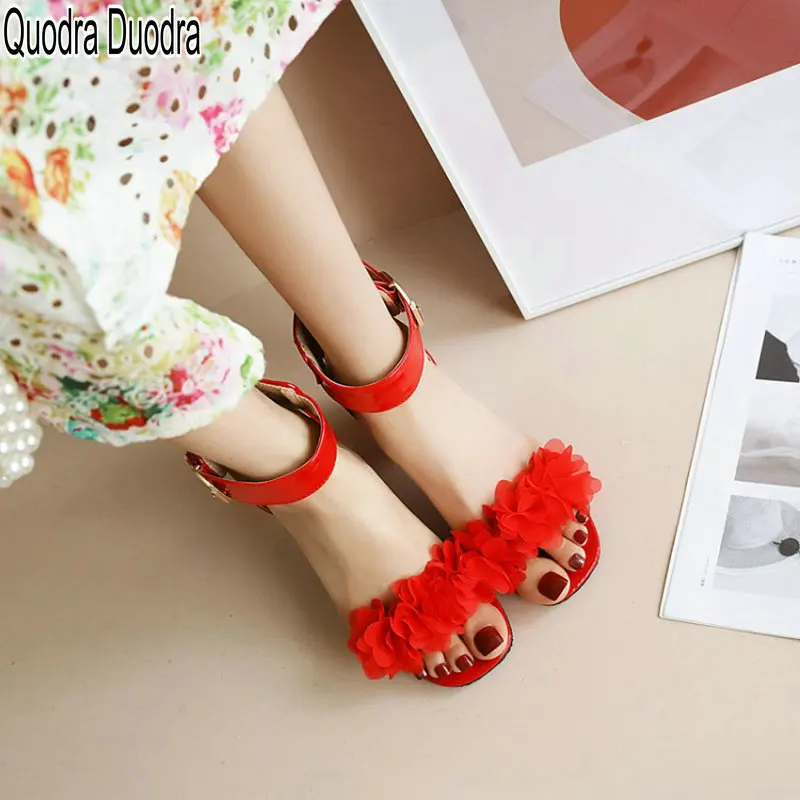 

New Summer Sandals Women Shoes Open Toe Fashion Solid Mujer Thick Heels Chunky Lady 48 Flower Buckle Casual Elegant Wedding 33