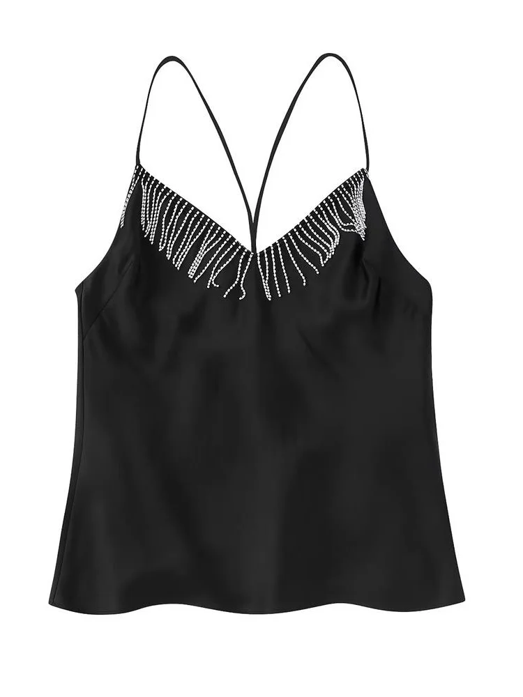 

MESTTRAF French Design Sexy 2022 With Rhinestone Fringe Tank Tops Vintage V Neck Back Cross Straps Female Camis Chic Tops