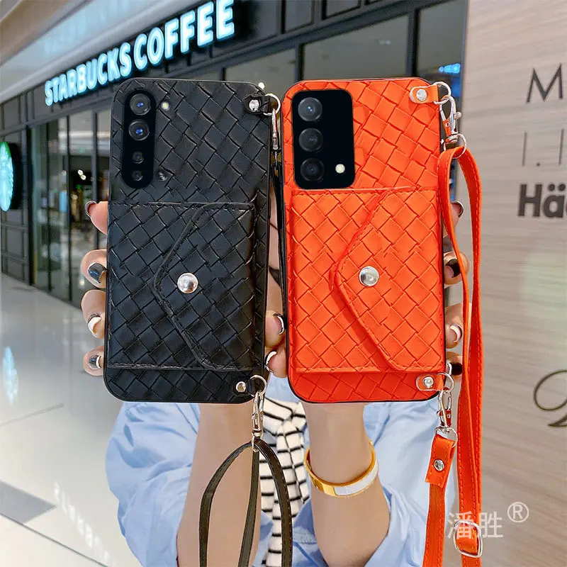 

Simple Balck Woven Strap Crossbody Purse Leather Phone Case for Oppo 7 x k9 k7 k5 realme x2 Wallet Phone Cover Bumper Coque