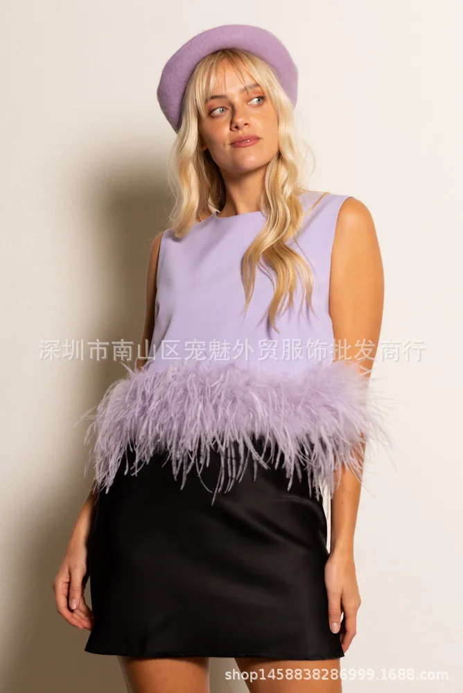 

Women Top 2022 Summer Solid Color Camisole Inner Fashion Hem Stitching Feather Casual Round Neck Sleeveless Cropped T-Shirt Top