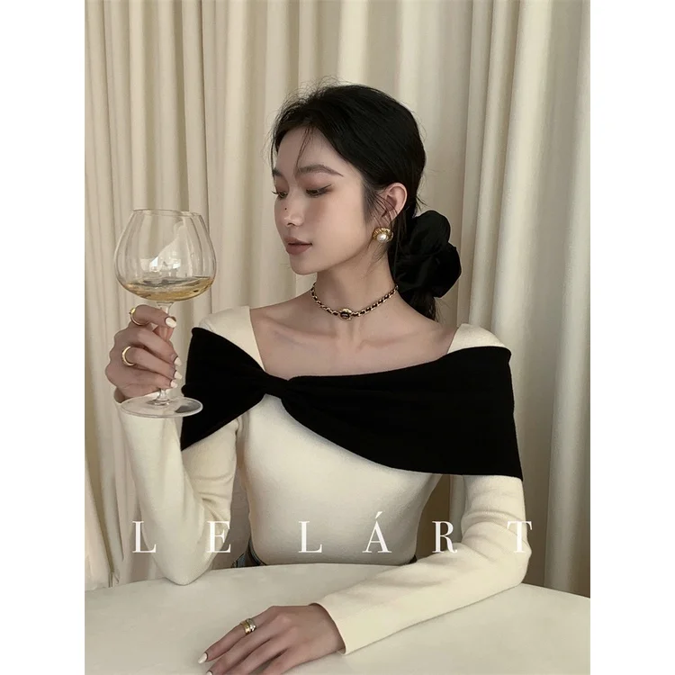

French style style knitwear top women's new color contrast bow shoulder sweater