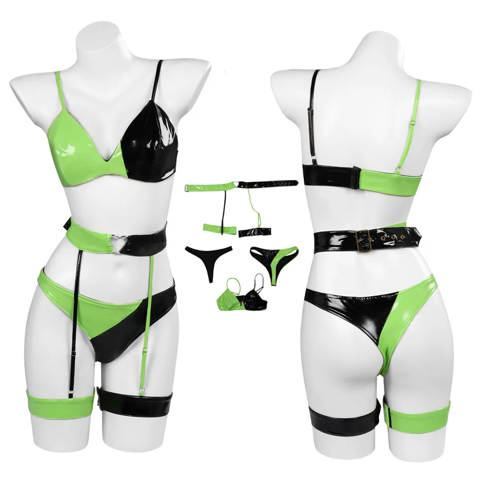 

Female Shego Sexy Lingerie Cosplay Costume Green Black Bra Jumpsuit Outfits For Adult Women Girls Halloween Carnival Party Suit