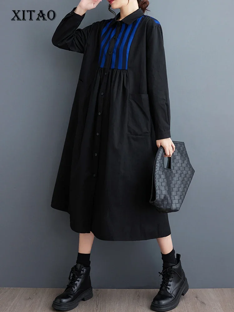 

XITAO Полосатое платье-рубашка контрастного цвета со складками, модное свободное платье с отложным воротником и длинными рукавами для женщин HQQ1928