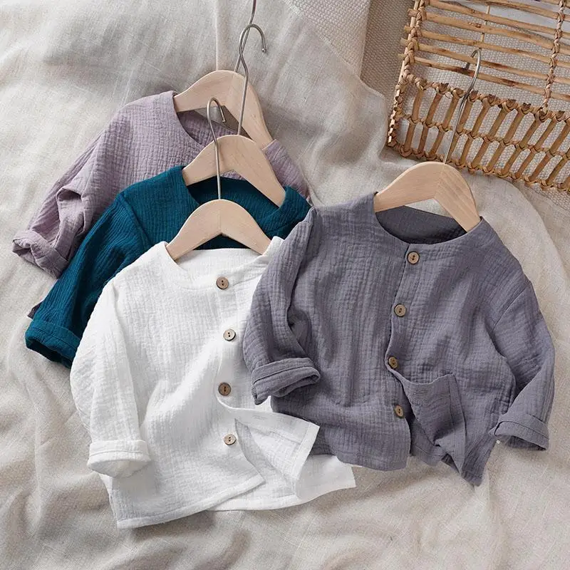 

Autumn New Children's Baby Cotton Linen Long-Sleeved Shirts Literary Japanese Boys And Girls Casual Buttons Thin Cardigan WTB81
