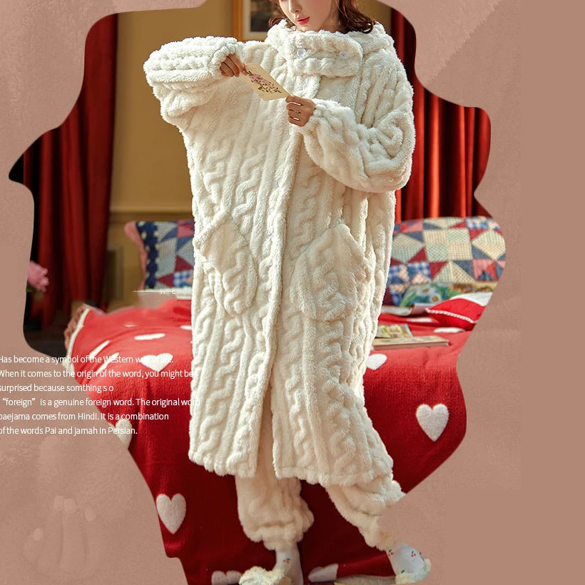 Pajama Sets Women Kawaii Flannel Warm Animal-ears Hat Loose Sleepwear Comfort Winter Thick Sweet Students Pajamas Long Sleeve