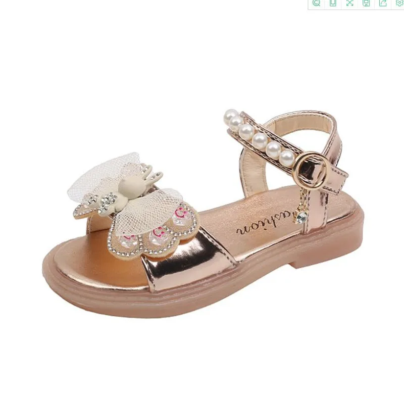 

Сандалии Детские на плоской подошве, модные босоножки принцессы цвета шампанского, с бантом и стразами, модные туфли с открытым носком для маленьких девочек, лето