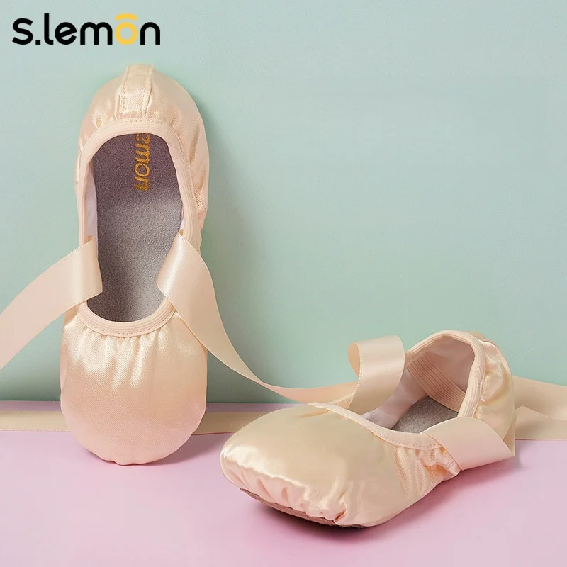 Фото Женские атласные балетки S.lemon с ленточными завязками, цвет пыльная роза, профессиональные танцевальные туфли №3