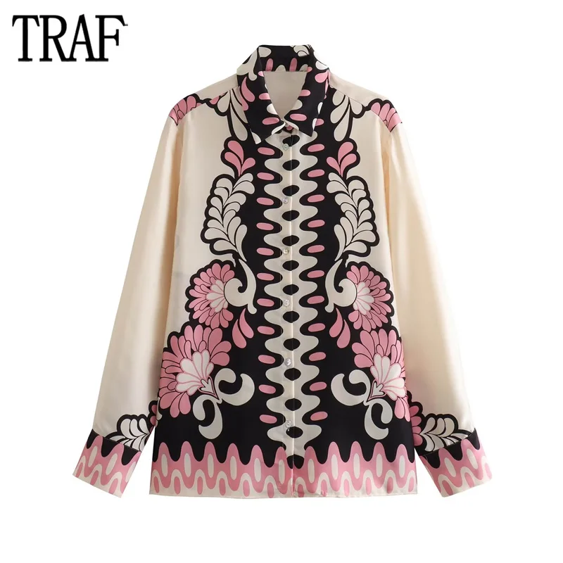 

TRAF 2023 Women's Shirt Boho Print Satin Shirts for Women Semi Sheer Button Up Shirt Woman Long Sleeve Shirts and Blouses Women